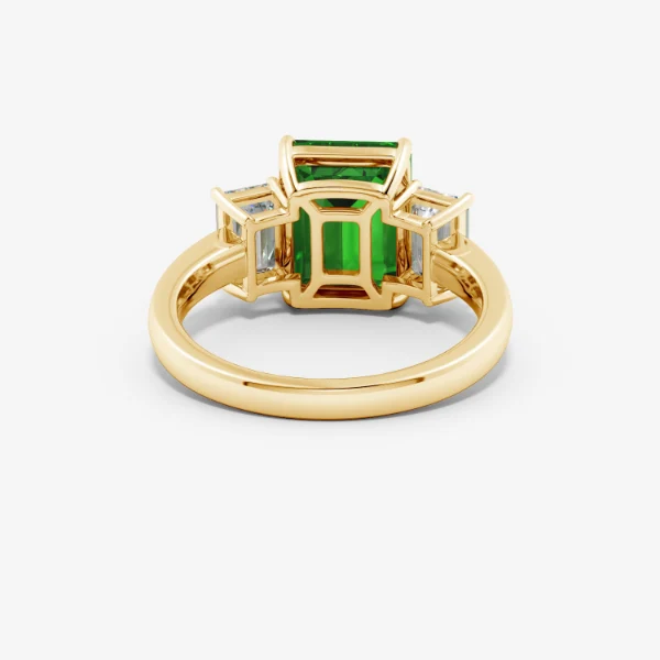 Back view of real emerald-cut three-stone ring